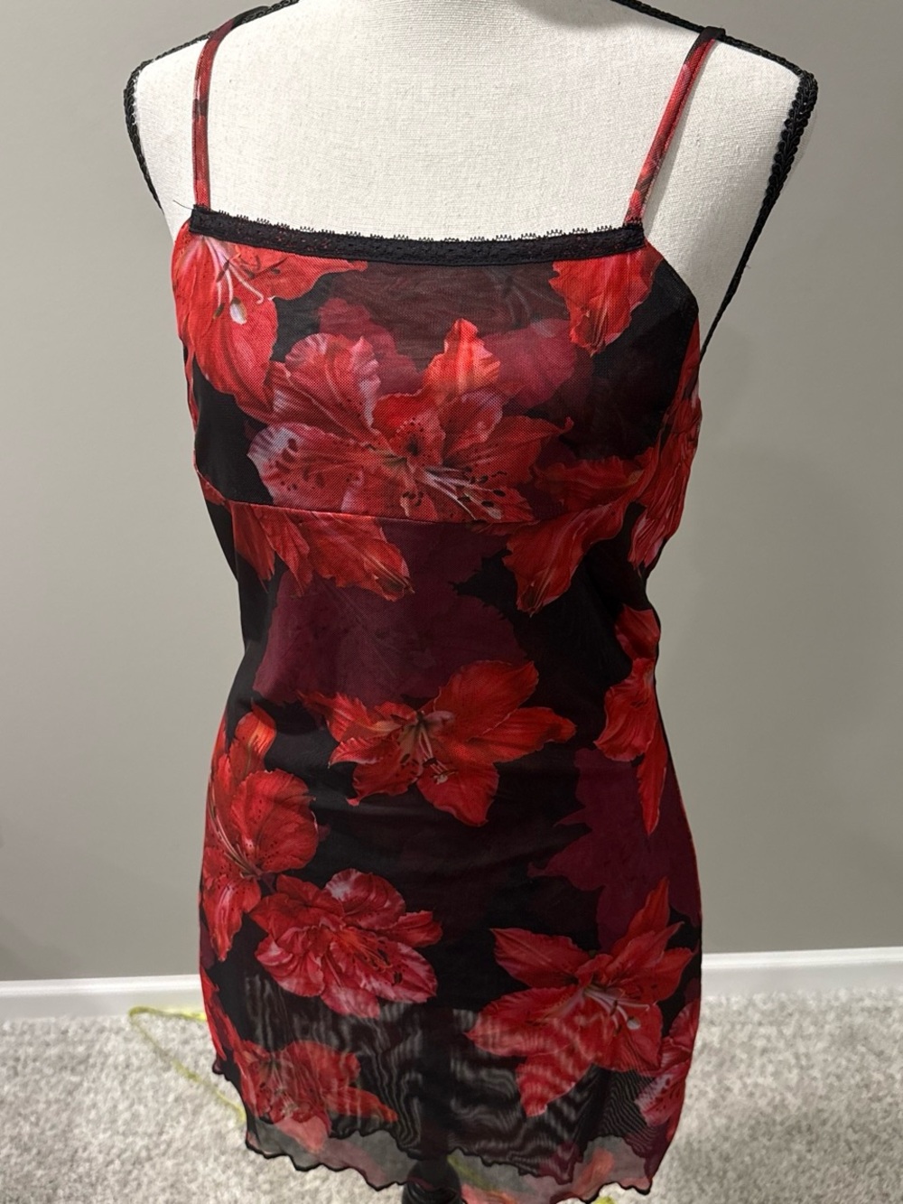 SHEIN Black Mesh Mini Dress with Red Floral Print